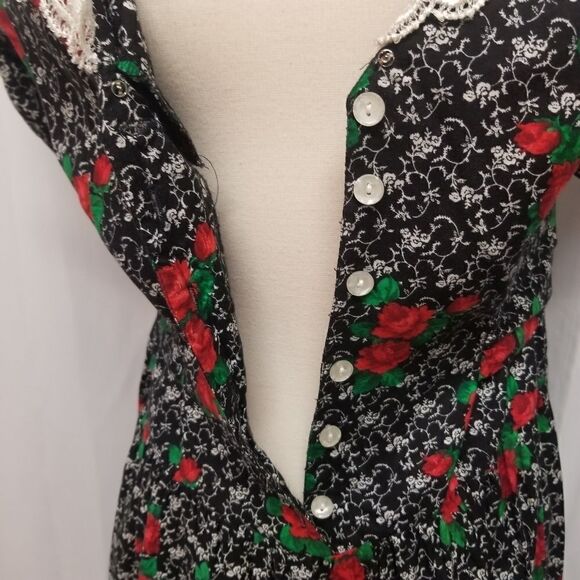 Vintage 80s Retro Gothic Floral Rose Lace Belted Button Front Midi Dress Md - Picture 6 of 8